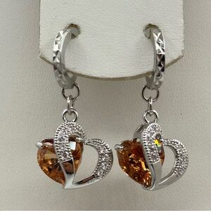 New Silver Plated Heart Dangle Earrings w/ Amber Crystal & CZ Accents